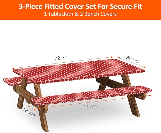 KENOBEE 6ft Picnic Table and Bench Cover, Camping Essentials RV Gear, 72 in Waterproof Windproof Outdoor Elastic All Around Tablecloth, Fitted Rectangle Tables and Seats, Red-White Moroccan