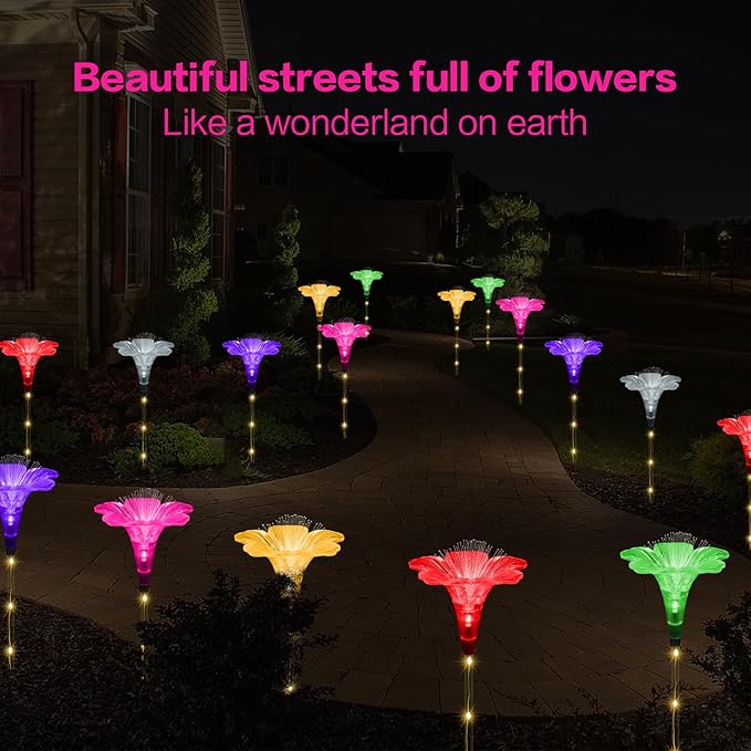 BeHiller Upgraded Solar Garden Light Outside Decorations,Set of 6PCS Multicolor Optical Fiber Bigger Lily Flowers Light Outdoor Waterproof Solar Flowers Lights for Xmas Housewarming Gifts Decor