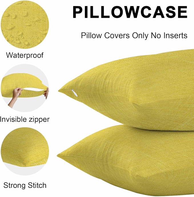 Pack of 2 Waterproof Outdoor Pillow Covers 20x12 Inch Decorative Pillow Covers Yellow Burlap Texture Throw Pillowcases Farmhouse Vintage Yellow Outdoor Cushion Cover for Couch, Patio, Tent