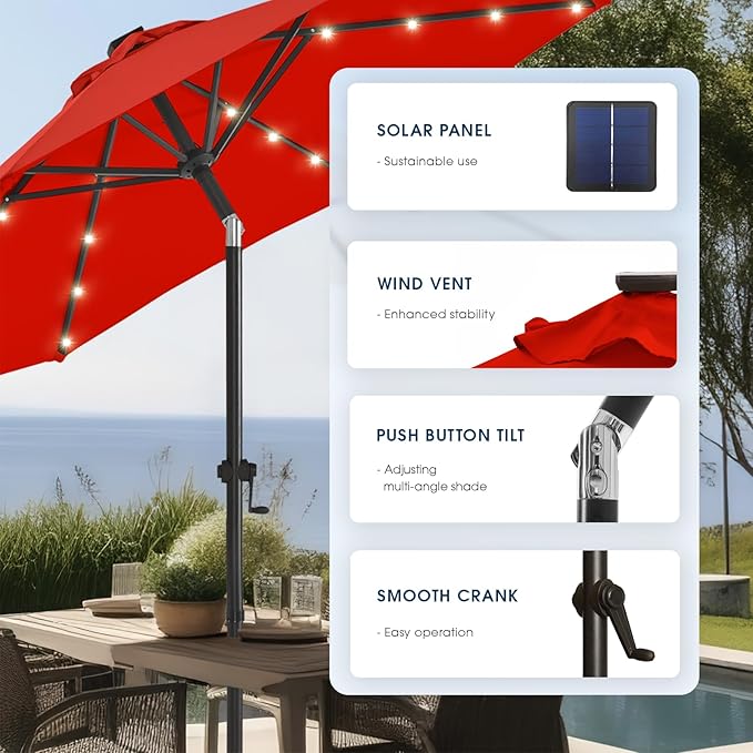 wikiwiki 9ft Solar Led Patio Umbrella, Sturdy Outdoor Market Umbrella for Deck, Pool, Garden w/Tilt, Crank, 32 LED Lights, Red