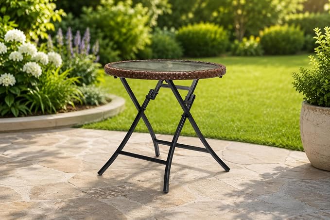 Outdoor Side Table, Round Rattan Patio Side Table with Tempered Glass Top, Foldable Wicker Accent Table for Garden, Balcony, Porch, Deck, Poolside & Indoor Use, Brown, 18.9" Diameter
