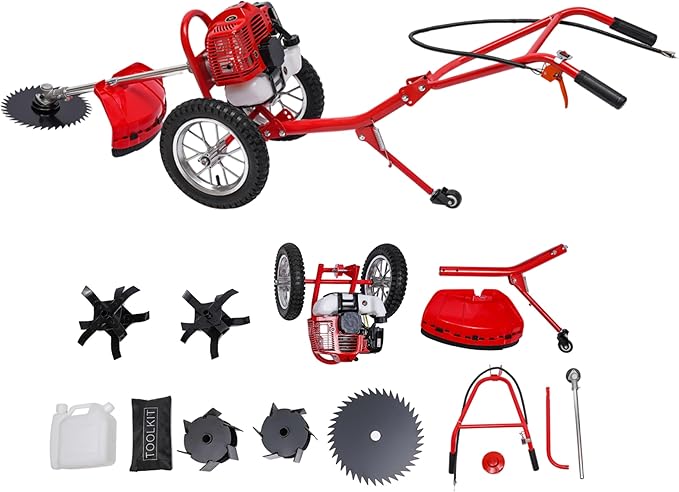 2 Stroke Hand Push Lawn Mower, 49CC Gas Powered Walk Behind Weed Wacker, 6500-7000R/Min Walk Behind String Trimmer with 0.95L Fuel Tank, Gas Weed Eater for Mountains, Hills, Plains