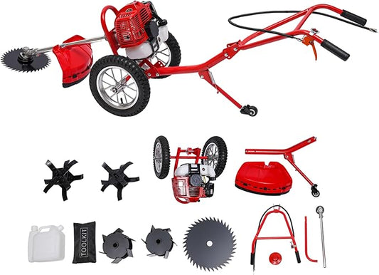 2 Stroke Hand Push Lawn Mower, 49CC Gas Powered Walk Behind Weed Wacker, 6500-7000R/Min Walk Behind String Trimmer with 0.95L Fuel Tank, Gas Weed Eater for Mountains, Hills, Plains