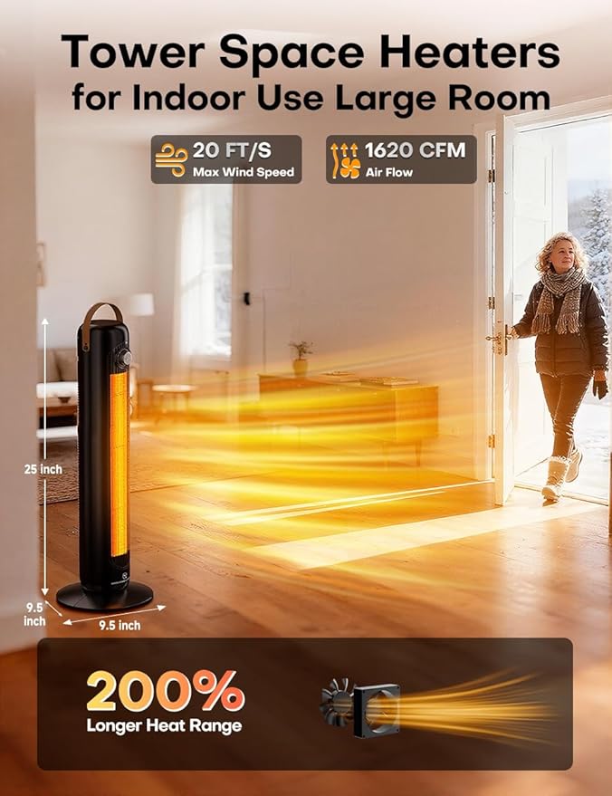 1500W PTC Ceramic Electric Heater w/4 Modes,350Sq.ft 1S Heating, 70°Oscillating Patio Heaters for Outdoor Use, Overheating & Tip-Over Protection, Tall Space Heaters for Indoor Use Large Room