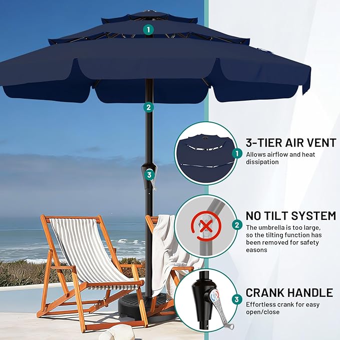 AreShark 11FT 3-Tiers Patio Umbrella with Valance, Outdoor with Crank, Large Outdoor Market Umbrellas Vented with 8 Sturdy Ribs, Patio Table Umbrellas for Garden, Deck, Backyard, Pool, Navy