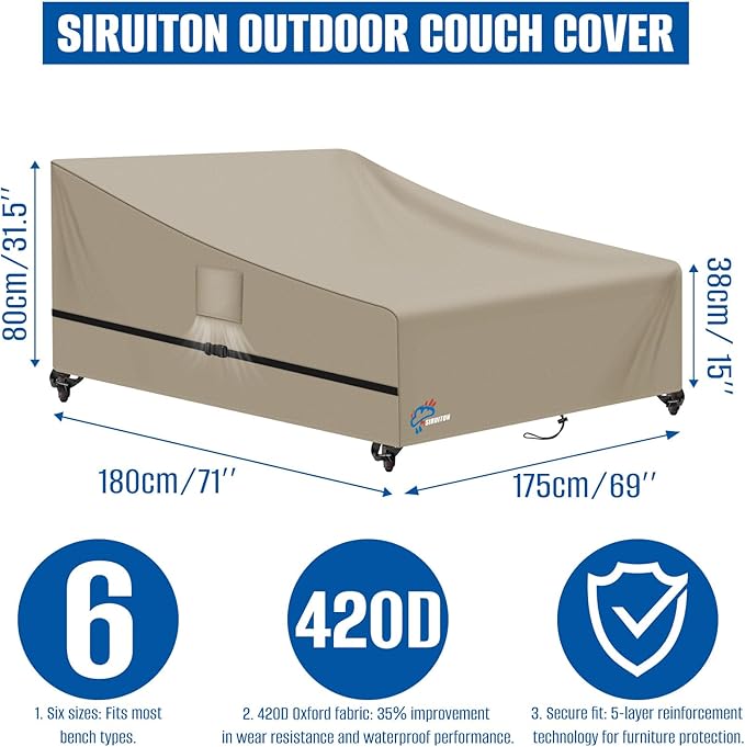 SIRUITON Garden Patio Rattan Daybed Cover Patio Bed Cover 69" W x 71" D x 31.5" H,Heavy Duty 420D Oxford Waterproof Outdoor Double Sofa/Patio Bed Lounger Covers