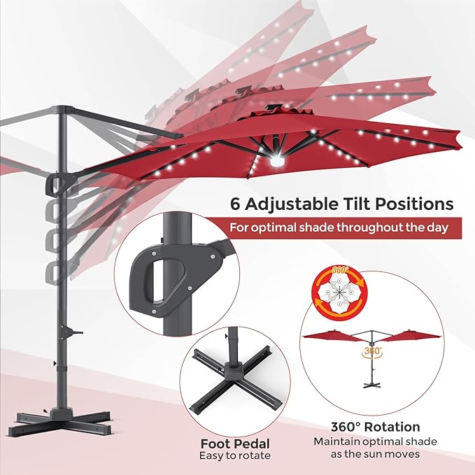 Tangkula 10ft Patio Umbrella with Solar Lights, Offset Cantilever Square Outdoor Umbrella with 35 LED Lights, Aluminum Pole, 360 Degree Rotation, Tilt Adjustment, Air Vent for Pool Deck Yard (Wine)