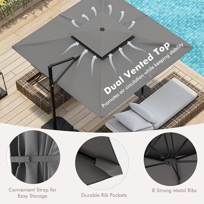 Tangkula 9.5 FT Cantilever Patio Umbrella, Outdoor Square Offset Umbrella with 360°Rotation, Double Top Heavy Duty Patio Hanging Umbrella with Cross Base for Garden Deck Pool Backyard (Grey)