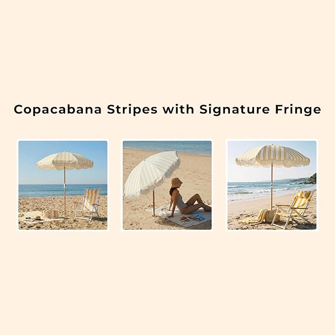 6FT Stripe Fringe Beach Umbrella for Sand with Sand Anchor, UPF 50+ Sun Shade with Tassels, Adjustable Tilt Pole, Portable Coastal Umbrella for Beach & Pool, Heritage Mimosa Stripe