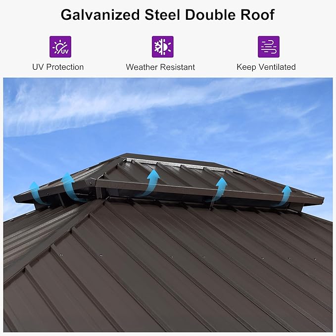 PURPLE LEAF 12’ X 14’ Outdoor Hardtop Gazebo Metal Frame Galvanized Steel Double Roof with Curtains and Nettings for Patio Desk Backyard Bronze