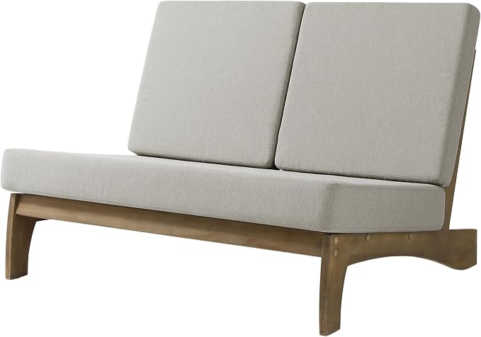 Outdoor Furniture Patio Couch, Weather Resistant Patio Loveseat Sofa Couch with Removable Cushion & Pillows, Teak Wood Frame for Porch & Backyard Seating - Light Camel
