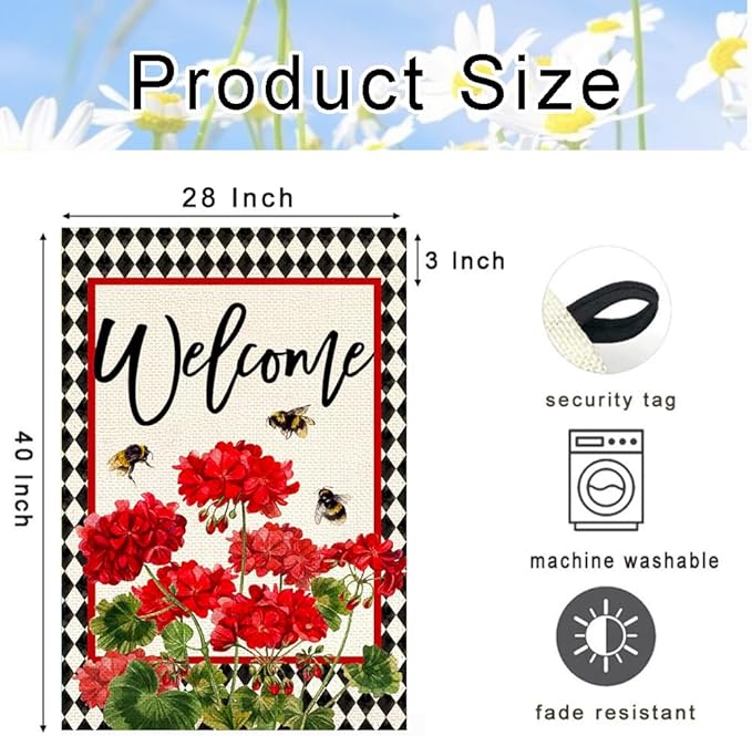 RABUSOFA Spring Summer Geranium Welcome House Flag 28x40 Inch Double Sided,Bee Red Floral Burlap Yard Flag Seasonal Farmhouse Outside Outdoor Decoration Large