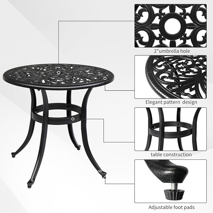 Bonnlo 23.6 Inch Cast Aluminum Outdoor Side Table with Umbrella Hole, Anti-Rust Coffee Bistro Table for Outdoor, Patio, Garden, Porch, Balcony End Table (Round, Black)