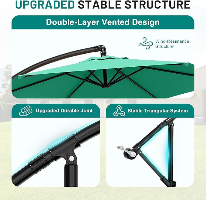AreShark 10FT Patio Outdoor Umbrella, Offset Patio Umbrella Cantilever Umbrella, 6 Sturdy Ribs, Easy Adjustment for Garden Market Pool with Cross Base (Peacoke Blue)
