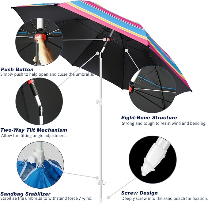 Fisqueen 8FT Large Beach Umbrella with Level 7 Wind Resistance, Sand Anchor, Portable Outdoor Umbrella with UPF50+ UV Protection, Tilt Sun Shelter for Beach, Patio, Yard