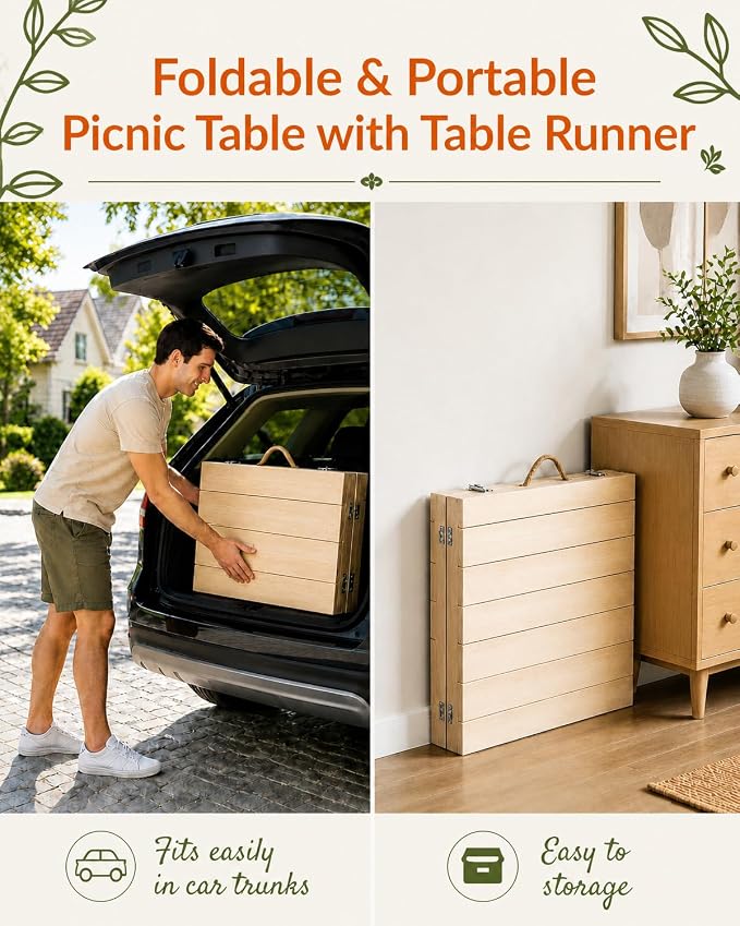 Folding Picnic Table, 60 x 30 in Solid Wood Boho Low Picnic Table with Table Runner, Portable Foldable Floor Table with Adjustable Height for Beach, Camping, Backyard, Wedding & Outdoor Parties