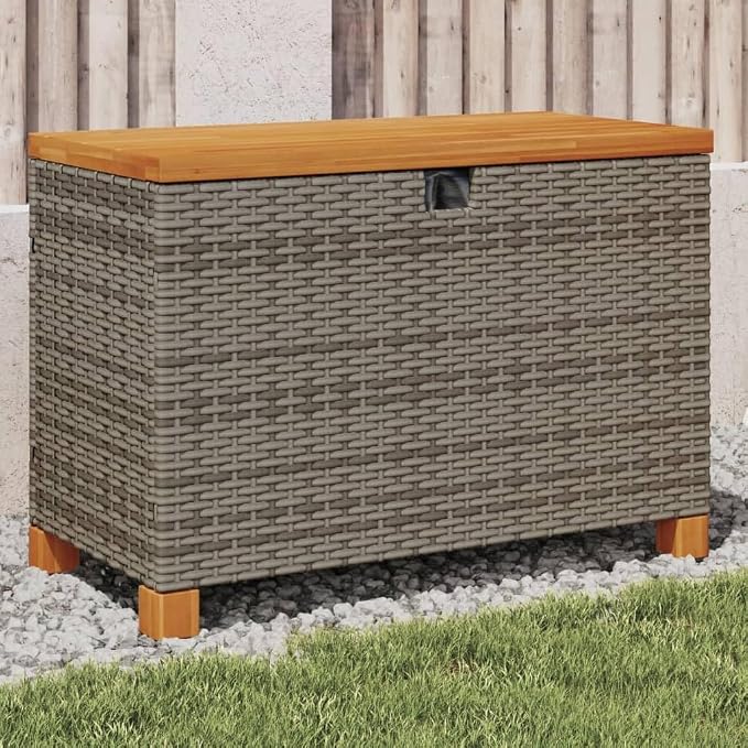 Gecheer Patio Rattan Deck Box Patio Storage Box Gray 31.5"x15.7"x18.9" Poly Rattan Acacia Wood