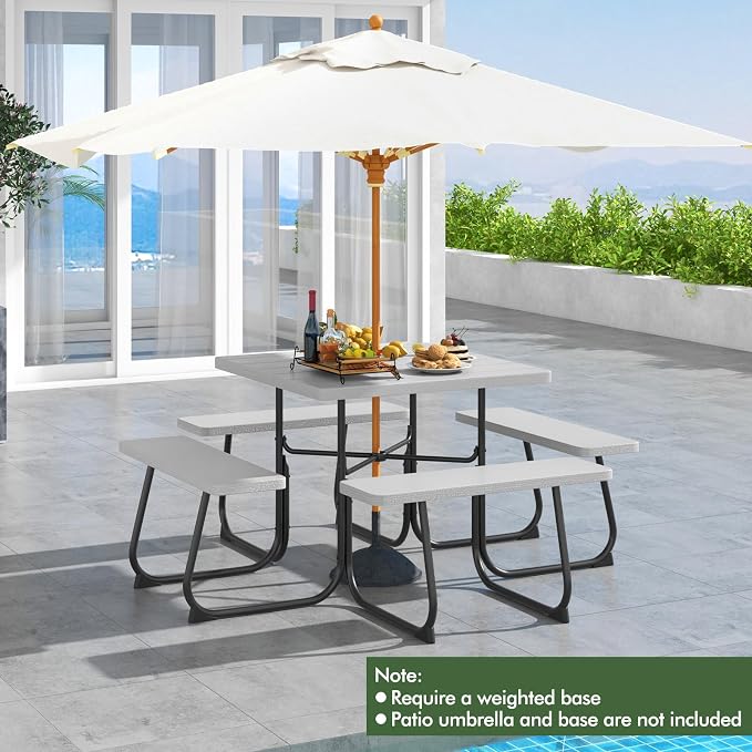Square Picnic Table for 8 Person, Outside Table Bench Set w/ 4 Built-in Benches, Umbrella Hole, HDPE Top & Metal Frame, 2000LBS Capacity Outdoor Picnic Table for Garden, Porch, Patio (Grey)