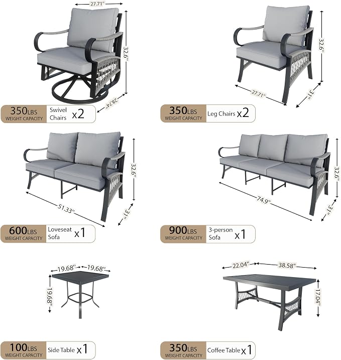 8 Pieces Patio Conversation Sets, All Weather Metal Outdoor Furniture Set Includes 3-Seater 2 Swivel Rockers with Side Table and Loveseat with Coffee Table 2 Single Chairs for Backyard Poolside, Gray