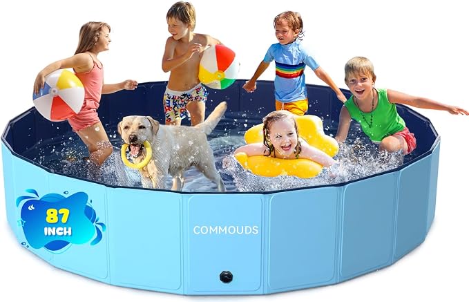 COMMOUDS 87Inch Foldable Dog Pool, Ectra Large Hard Plastic Dog Kiddie Swimming Pool, Collapsible Pet Bath Tub Wading Pools for Kids and Puppy Small Medium Large Dogs(87inch.D x 16inch.H)