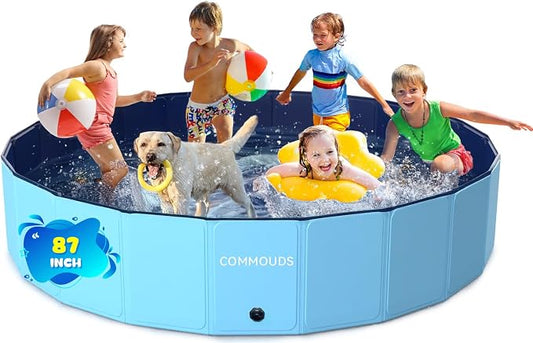 COMMOUDS 87Inch Foldable Dog Pool, Ectra Large Hard Plastic Dog Kiddie Swimming Pool, Collapsible Pet Bath Tub Wading Pools for Kids and Puppy Small Medium Large Dogs(87inch.D x 16inch.H)