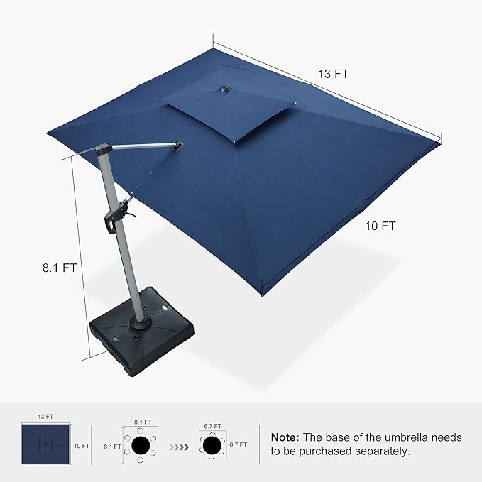 PURPLE LEAF 10' X 13' Cantilever Outdoor Patio Umbrella Large Heavy Duty 360° Rotation Double Top Offset Rectangular Umbrellas for Backyard Deck Pool, Spectrum Indigo
