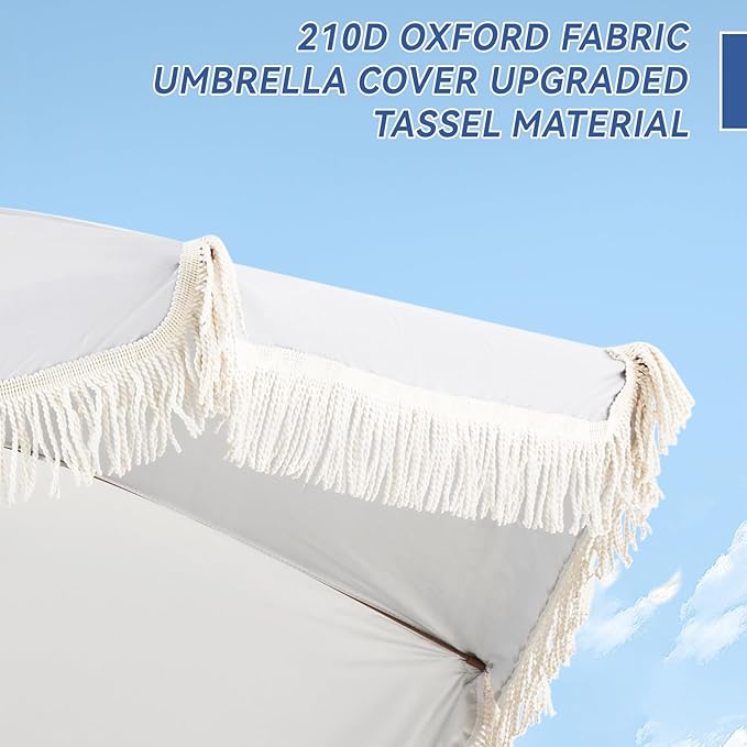 Aoxun 7ft Patio Umbrella with Fringe,Outdoor Beach Umbrella with Aluminum Pole, Ribs Push Button Tilt and Carry Bag, UV 50+ Picnic Tassel Umbrella (White)