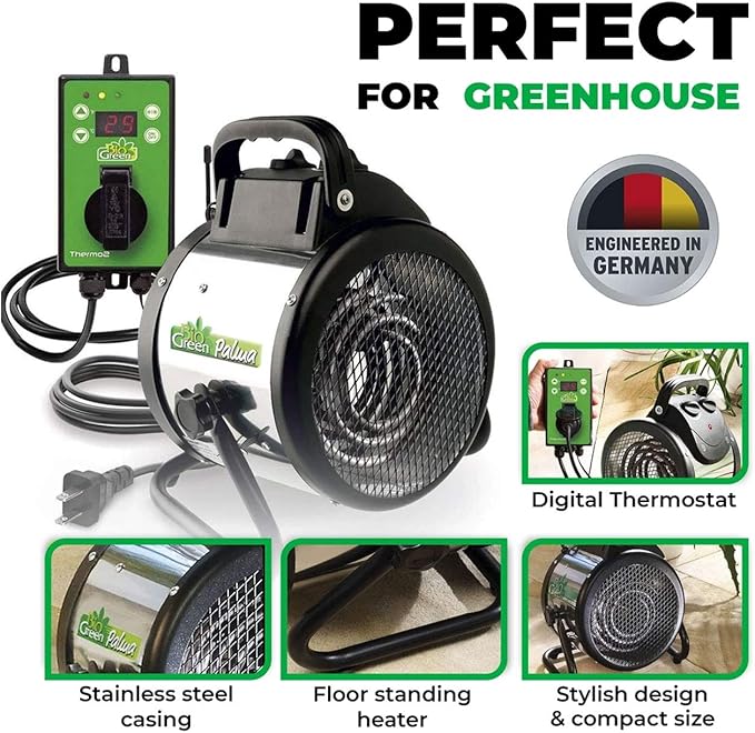 BioGreen Electric Greenhouse Heater & Fan with Digital Thermostat PALMA | 1500 Watts, 5100 BTU/hr | 5800 ft³/h Air Circulation -58 to 210.2°F | Stainless Steel | Spraywater Proof