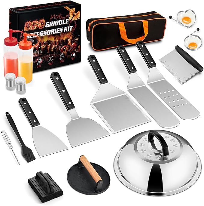 18Pcs Griddle Accessories Kit for Blackstone, Joyfair Flattop Grilling Accessory Set with Smash Burger Press, Stainless Steel Spatula Tools with Basting Cover for Outdoor BBQ Cooking (ABS Handles)