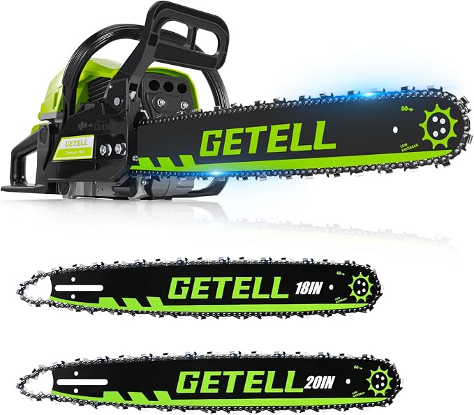 Gas Powered Chainsaw with 20 and 18 Inch Bar Dual System, 58cc 3.6 HP Professional 2-Stroke Engine, Easy Start and Anti-Vibration for Farm Ranch or Heavy Duty Wood Cutting (Green Black)