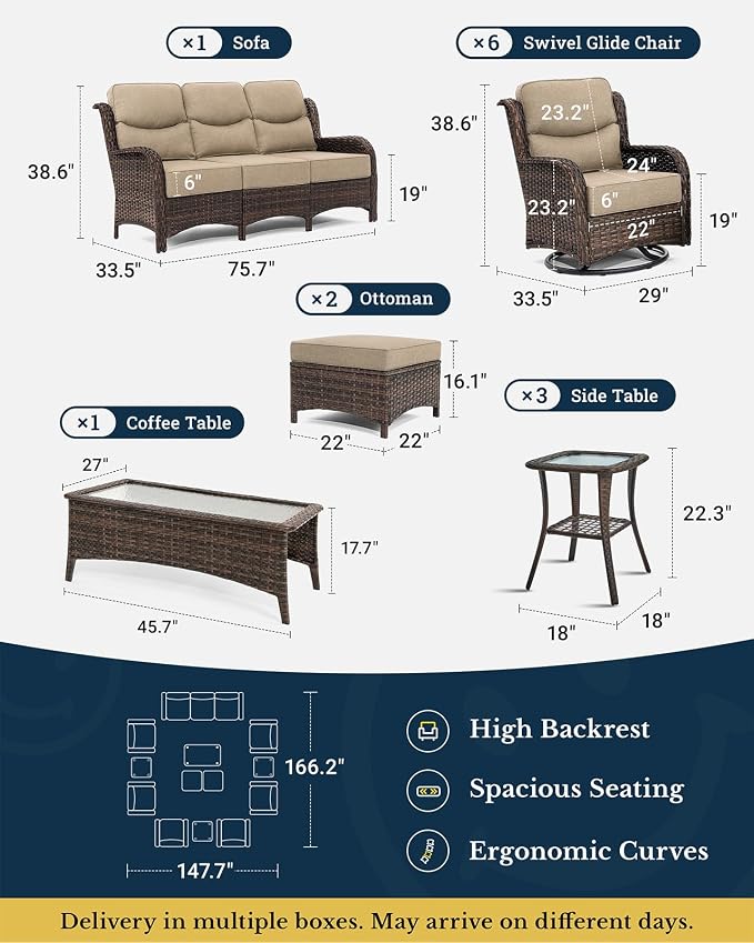 HILLGA Luxury Outdoor Patio Furniture Set with 6-Inch Thick Cushions, High Back Wicker Swivel Rocker Chairs, 13 Pcs All Weather Conversation Set for Large Deck, Yard and Poolside, Beige (V3)