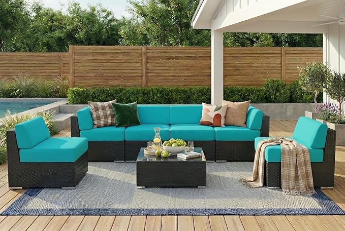 Fully Assembled 7 Piece Outdoor Patio Furniture with 6-inch Water Proof Turquoise Rainshield Cushions and Oversized Seats