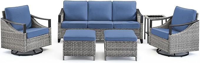 6 Piece Outdoor Patio Furniture Sets-High Back Wicker Swivel Rocker Patio Chairs Set of 2 with Thick Cushions Ottomans, Outdoor Sofa, Patio Conversation Sets for Porch Balcony Patio Deck Grey/Blue