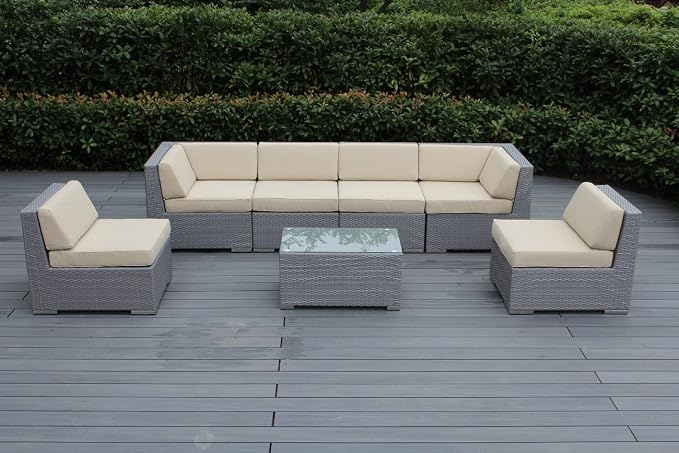 Ohana 7-Piece Outdoor Patio Furniture Sectional Conversation Set, Gray Wicker with Beige Cushions - No Assembly with Free Patio Cover