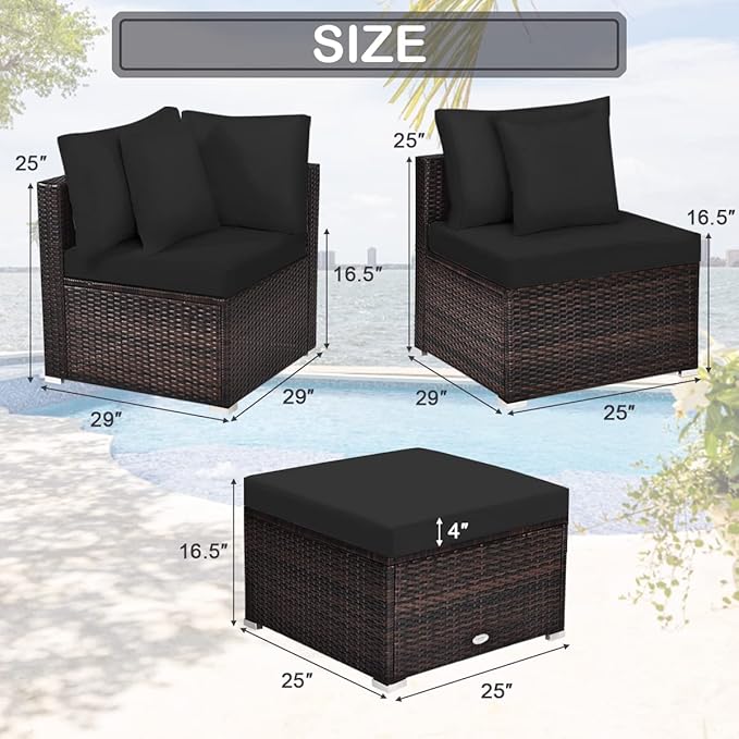 Tangkula 4 PCS Patio Rattan Sofa Set, Outdoor Wicker Sectional Furniture Set, Patio Conversation Set with Removable Cushions & Pillows for Backyard Porch Garden Poolside Balcony (Black)