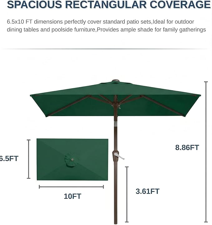 6.5x10FT Patio Umbrella, Outdoor Umbrella with Push Button Tilt and Crank, 8 Sturdy Ribs, UV Protection & Waterproof Market Umbrella for Pool, Backyard, Beach,Deck (Dark Green)
