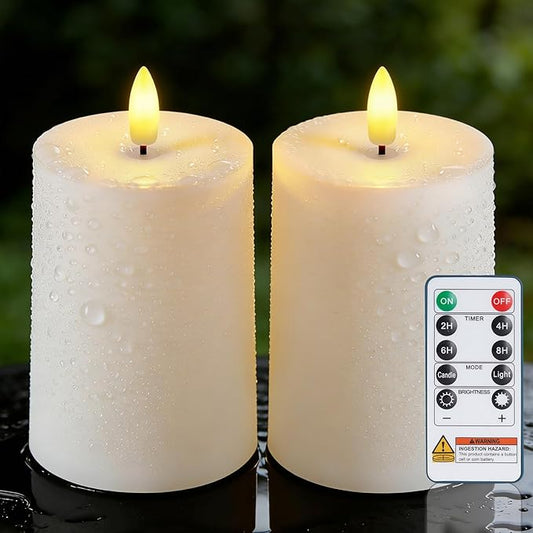 Raycare 3"x4.5" White Outdoor Waterproof Flameless Candles with Remote and Timer, Realistic LED Candles, Battery Operated Electric Fake Pillar Candles for Porch, Patio, Garden, Set of 2