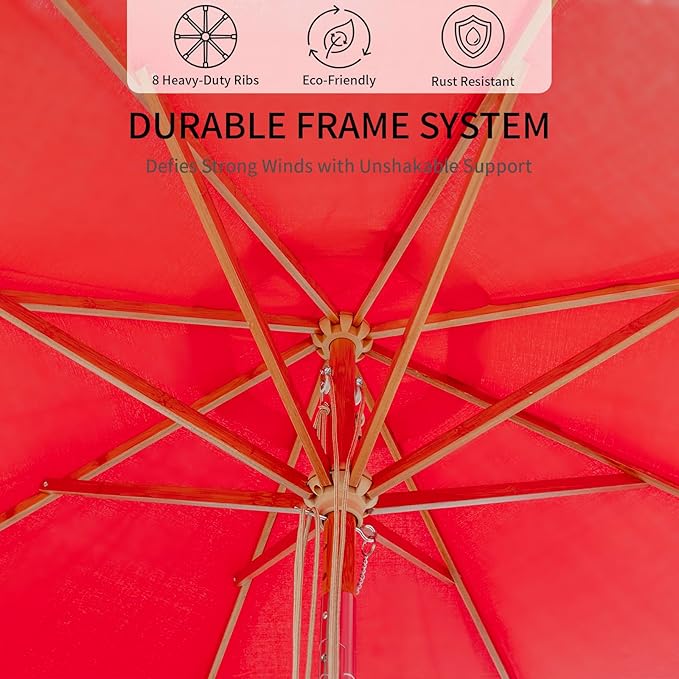 9FT/10FT Bamboo Patio Umbrella, Large Outdoor Umbrella with UPF 50+ Sun Protection, Rope Pulley Lift & Push-Button Tilt, 8-Rib Ventilated Canopy for Garden, Deck, Backyard & Outdoor Dining