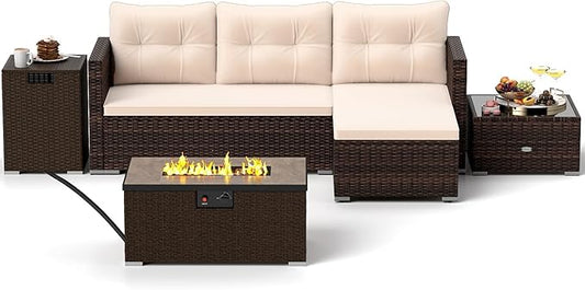 Tangkula 5 Pieces Patio Furniture Set with 32” Fire Pit Table and Propane Tank Cover, Outdoor Wicker Cushioned Sectional for Deck, Backyard, Fire Pit Protective Cover Included (Beige)