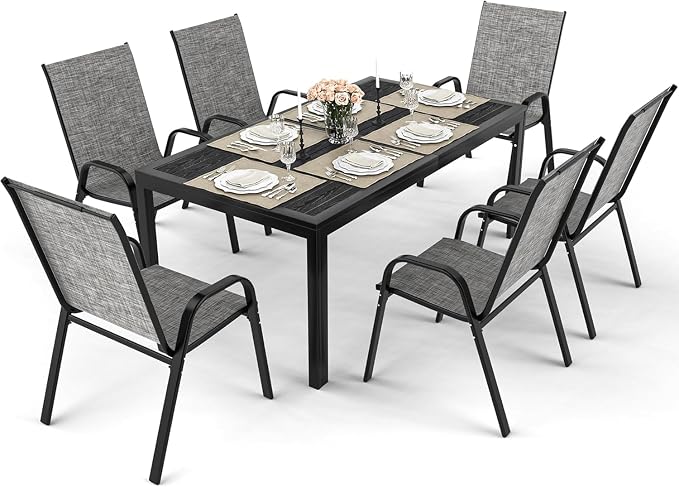 Outdoor Dining Sets for 6, Rectangular Steel Slat Table with 6 Textilene Chairs, 7 Piece Patio Table and Chairs Set with Umbrella Hole for Patio, Backyard, Poolside (Grey, No Umbrella)