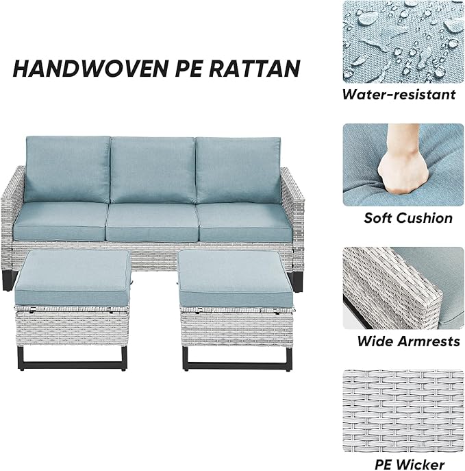 Rilyson Wicker Outdoor Patio Furniture Set - 5 Piece Patio Conversation Set with 2 Wicker Armrest Chairs,2 Rattan Ottoman and 1 Couch for Outside Porch Deck Backyard Garden(Light Grey/Sky Blue)