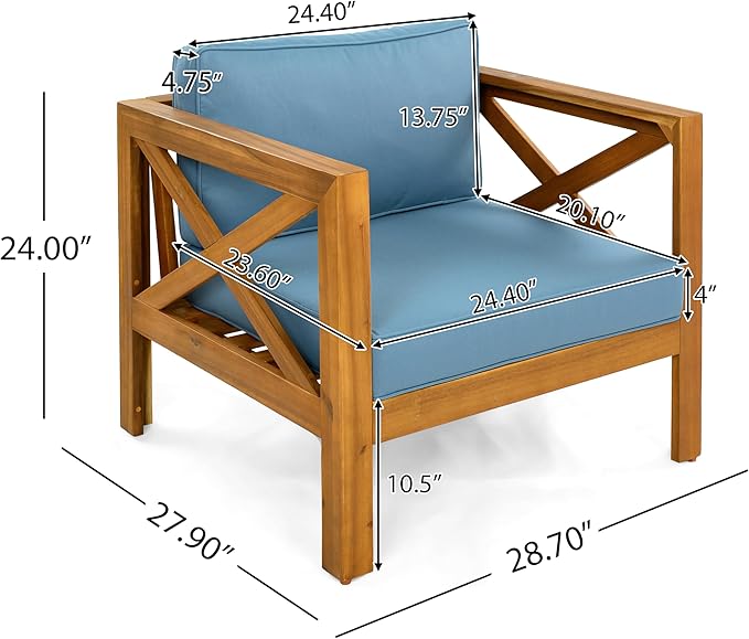 Christopher Knight Home Lucy Acacia Wood Outdoor Patio Furniture Set, 3 Pieces Patio Set, Round Side Table and ArmChairs Conversation Set with Cushion for Garden Lawn Balcony, Blue + Light Teak