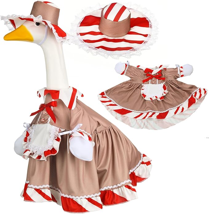 Christmas Porch Goose Outfit 23 Inch Red White Candy Goose Clothes for Cement or Plastic Geese Costume for Yard Lawn Garden Patio Outdoor Concrete Santa Duck Statue Dresses Gingerbread Holiday Decor