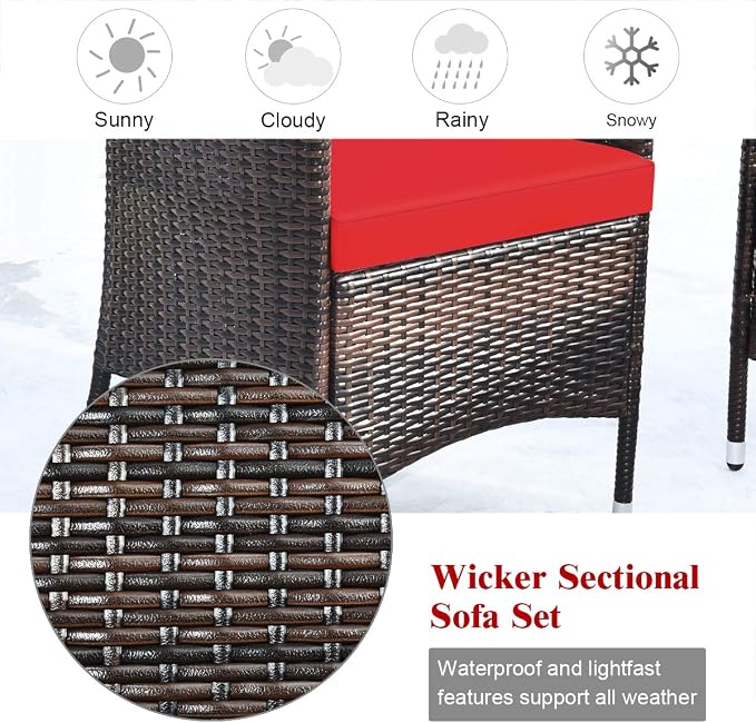 COSTWAY 4PCS Rattan Patio Furniture Set | Outdoor Wicker Rattan Chairs with Coffee Table, Rattan Cushioned Conversation Set for Backyard Balcony Porch Poolside, Red