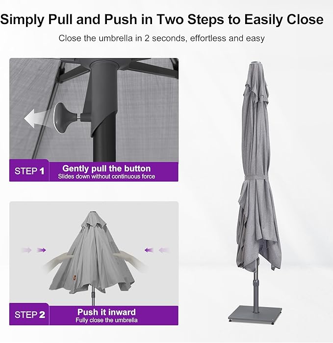 PURPLE LEAF 9 X 12 FT Semi-Auto Outdoor Patio Umbrella Market Table Sun Umbrellas with 8 Aluminum Sturdy Ribs for Backyard Deck Garden Pool (Gray Pole Gray Canopy)