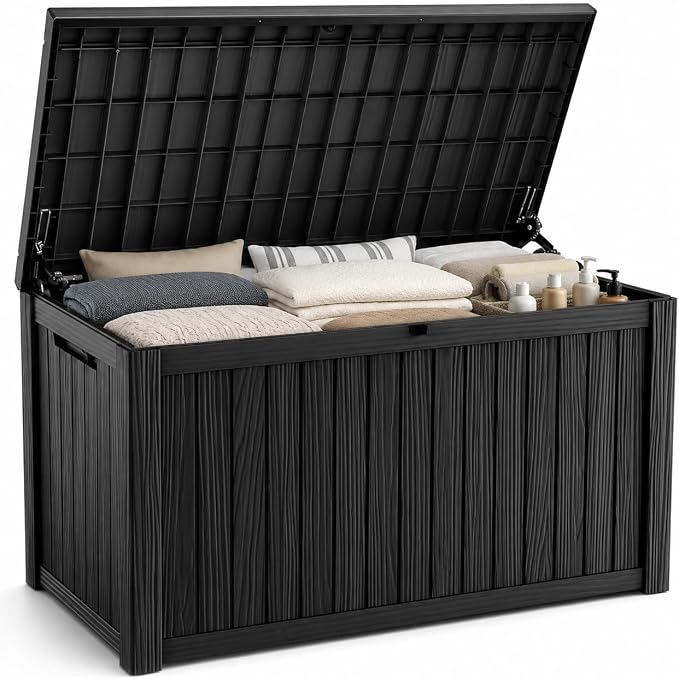 Outdoor Deck Patio Storage Box - 200 Gallon Large Outdoor Deck Box, Plastic Storage Bin with Lid, Outside Toy Box & Pool Storage Container for Cushions, Garden Tools, Towel, Black