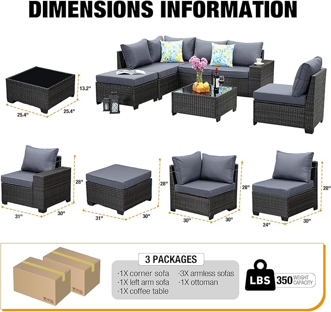 7 Pieces Patio Furniture Set,Wicker PE Rattan Outdoor Sectional with Cushion & Coffee Table, Patio Conversation Sofa for Garden, Backyard, Poolside, Grey