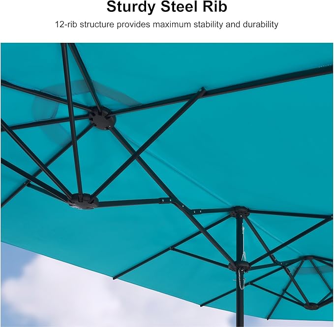PURPLE LEAF 14ft Patio Market Umbrella with Base Double-Sided Rectangle Outdoor Table Sun Umbrellas with Crank 12 Heavy Duty Sturdy Ribs for Pool Beach Deck Backyard Turquoise Blue