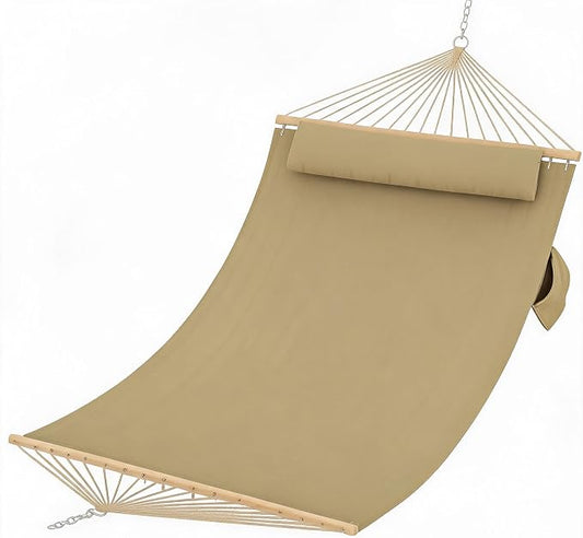 Double Quilted Hammock with Wooden Spreader Bar, 2 Person for Outdoor Without Stand, Patio Backyard Poolside, Brown-Yellow