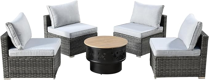 HOOOWOOO 5-Piece Outdoor Wicker Patio Furniture Set, All-Weather Rattan Chairs with Cushions and Fire Pit Table, Modern Garden Conversation Set for Patio, Porch, and Balcony (Grey)
